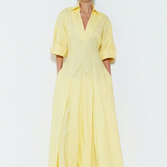 Yellow Elegant Womens V-Neck Long Sleeve Maxi Dress - Picture 2 of 4